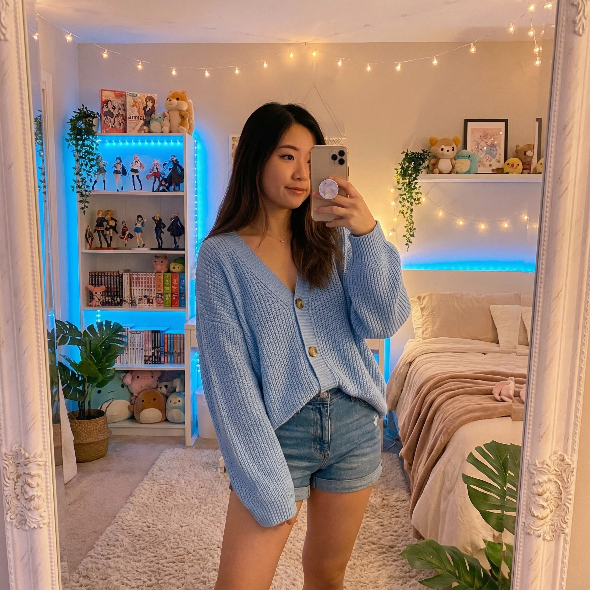 A young Asian woman in casual light blue cardigan 