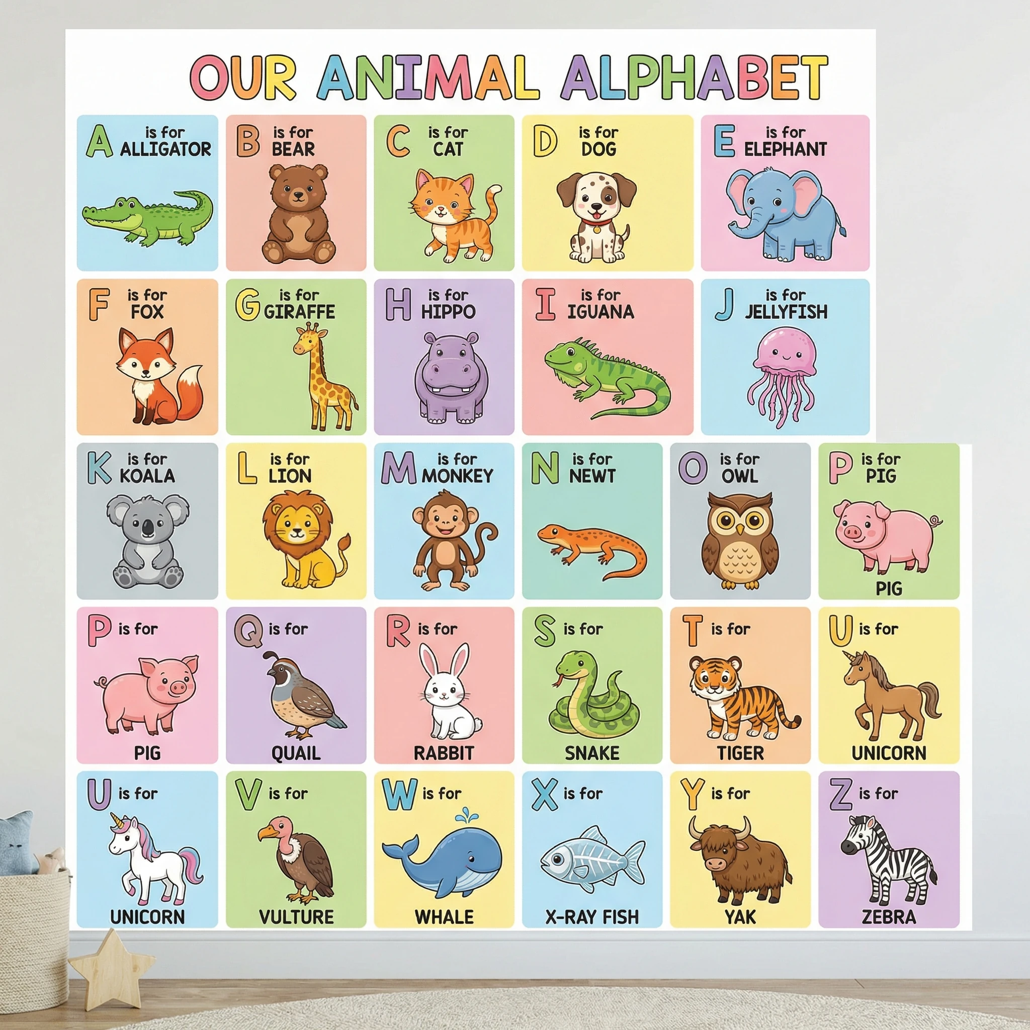 A colorful educational poster showing the English 