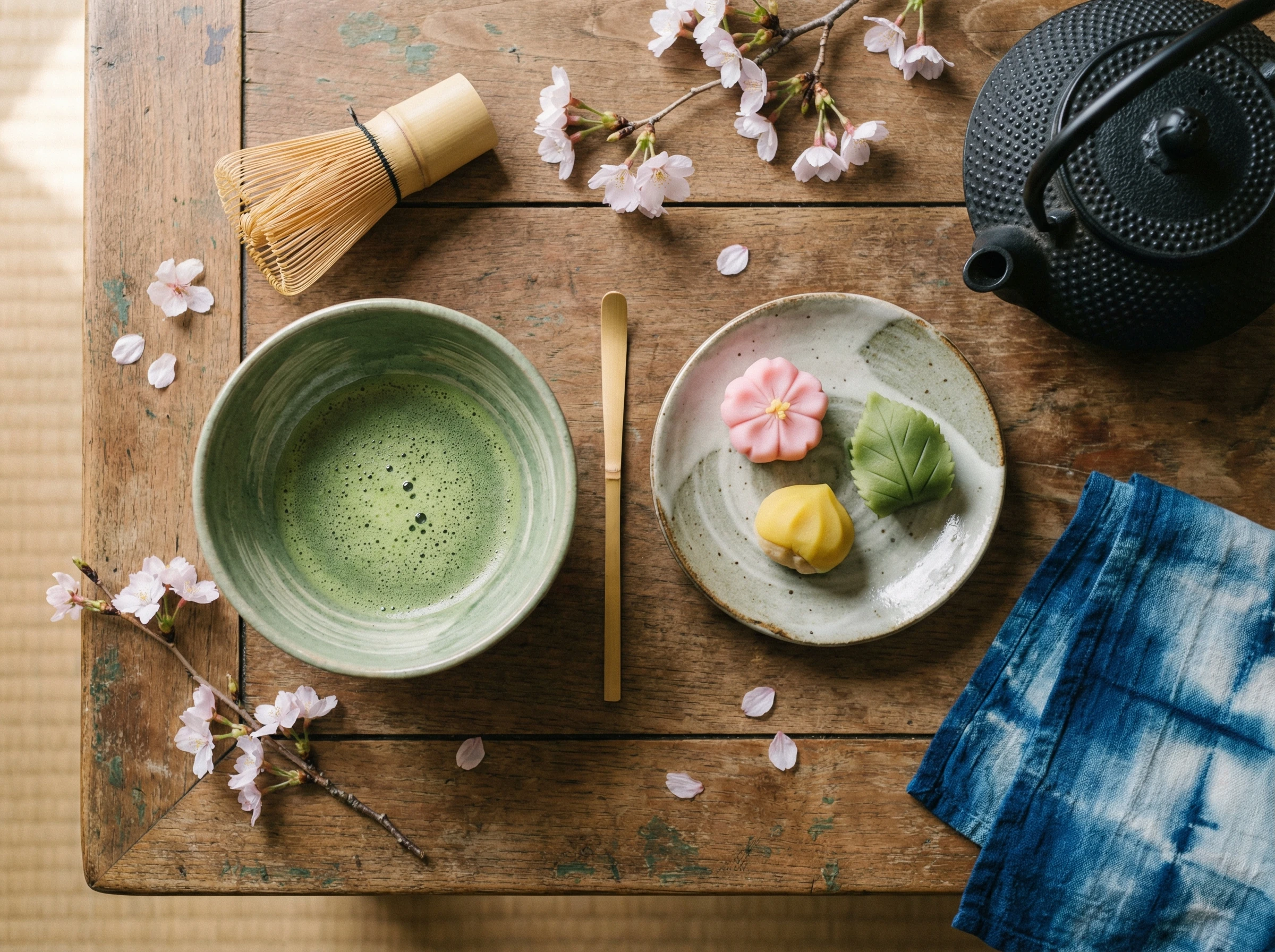 A serene overhead flat-lay photograph of a traditi