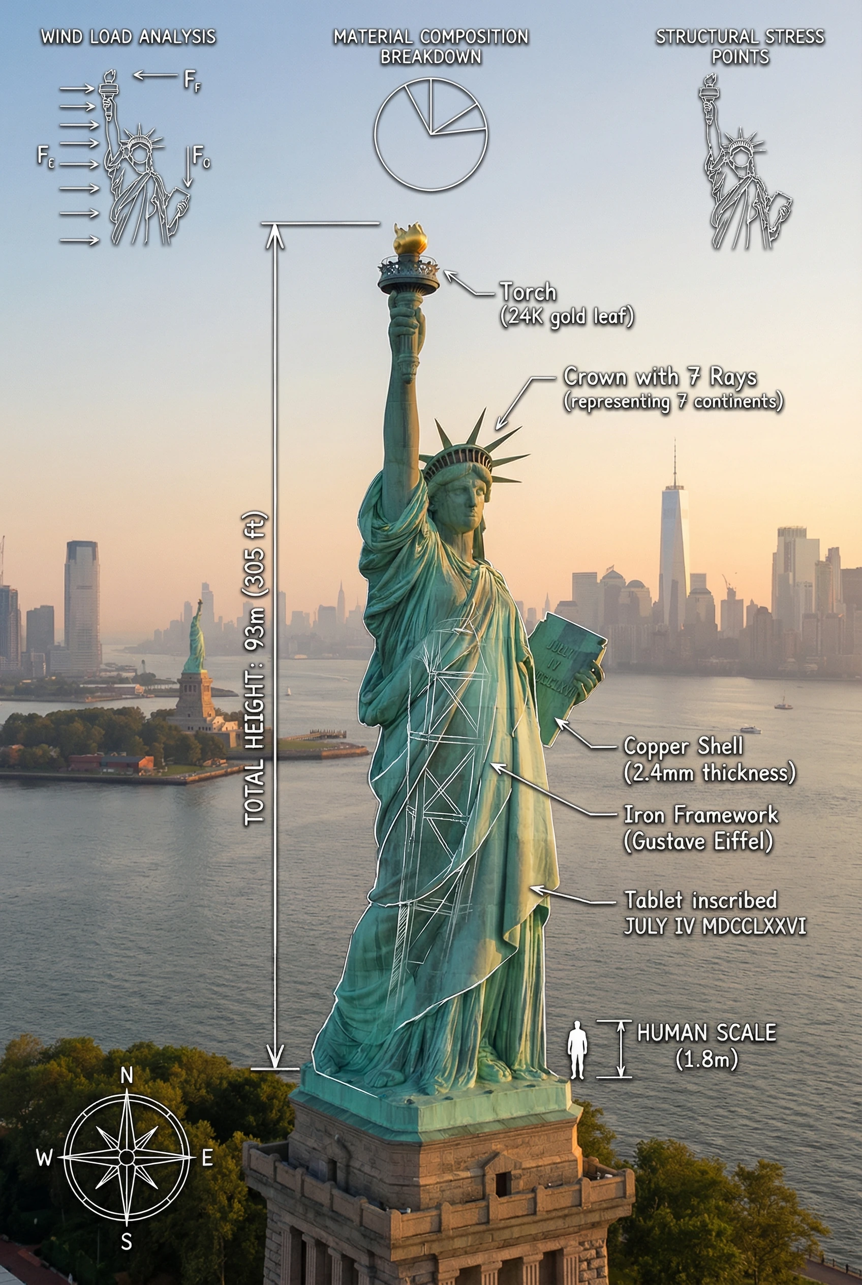 A photorealistic wide-angle shot of the Statue of 