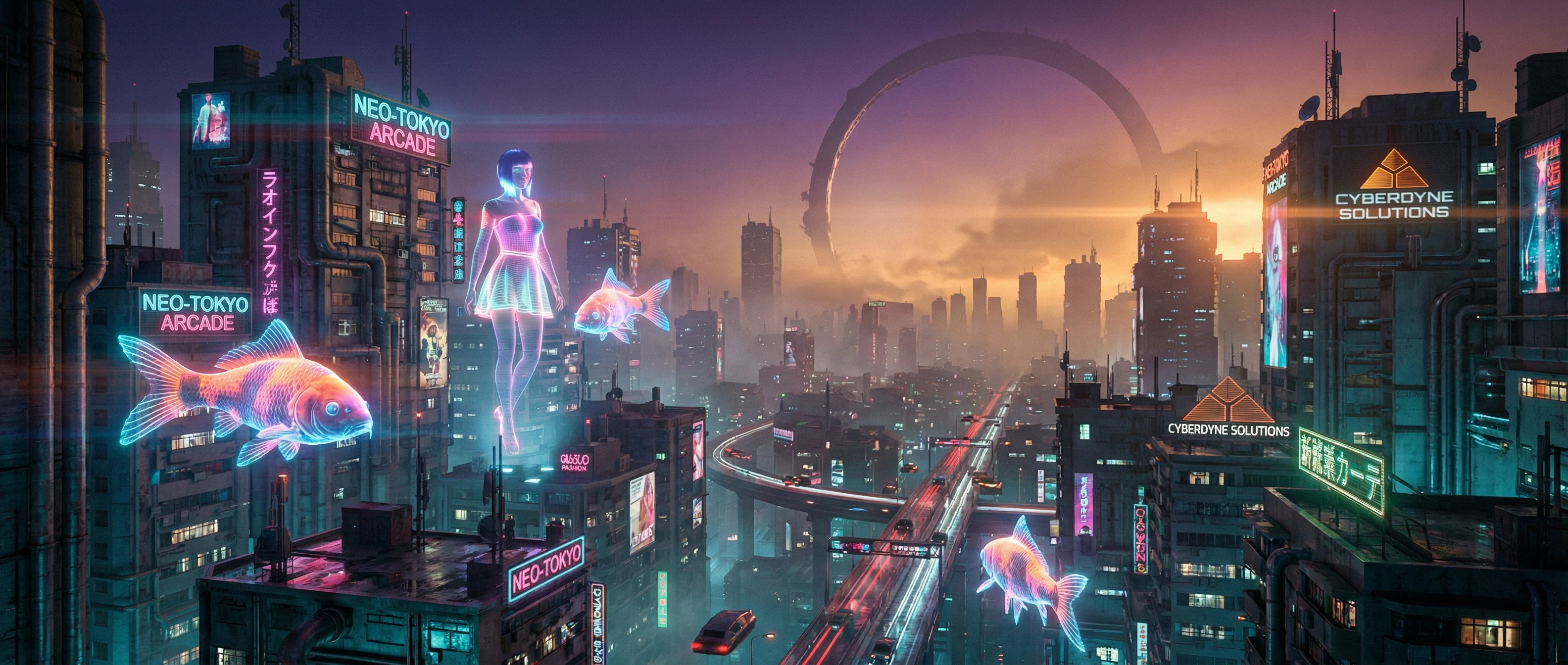 An ultra-wide cinematic panorama of a sprawling cy