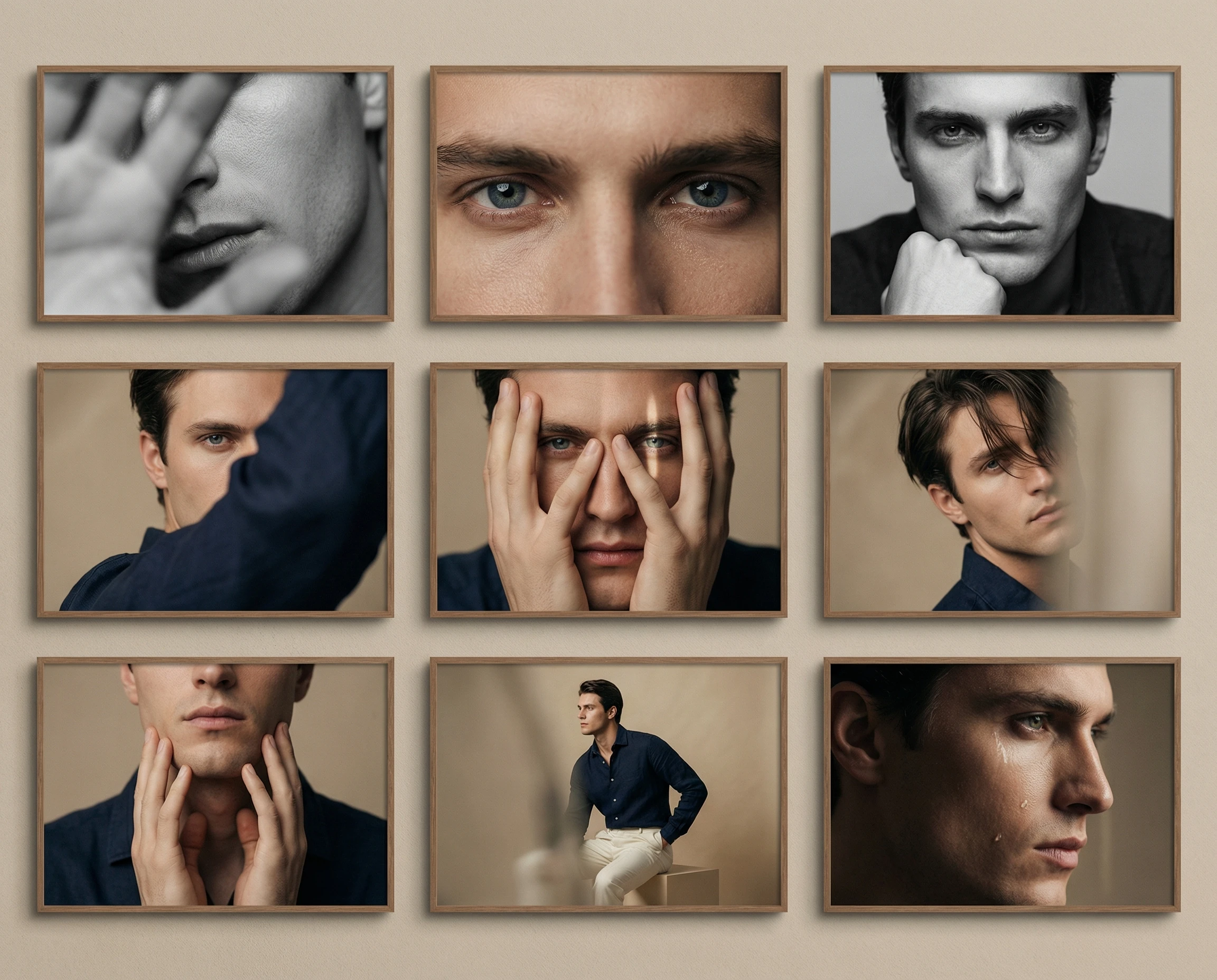 A sophisticated 3x3 editorial photo grid shot in a