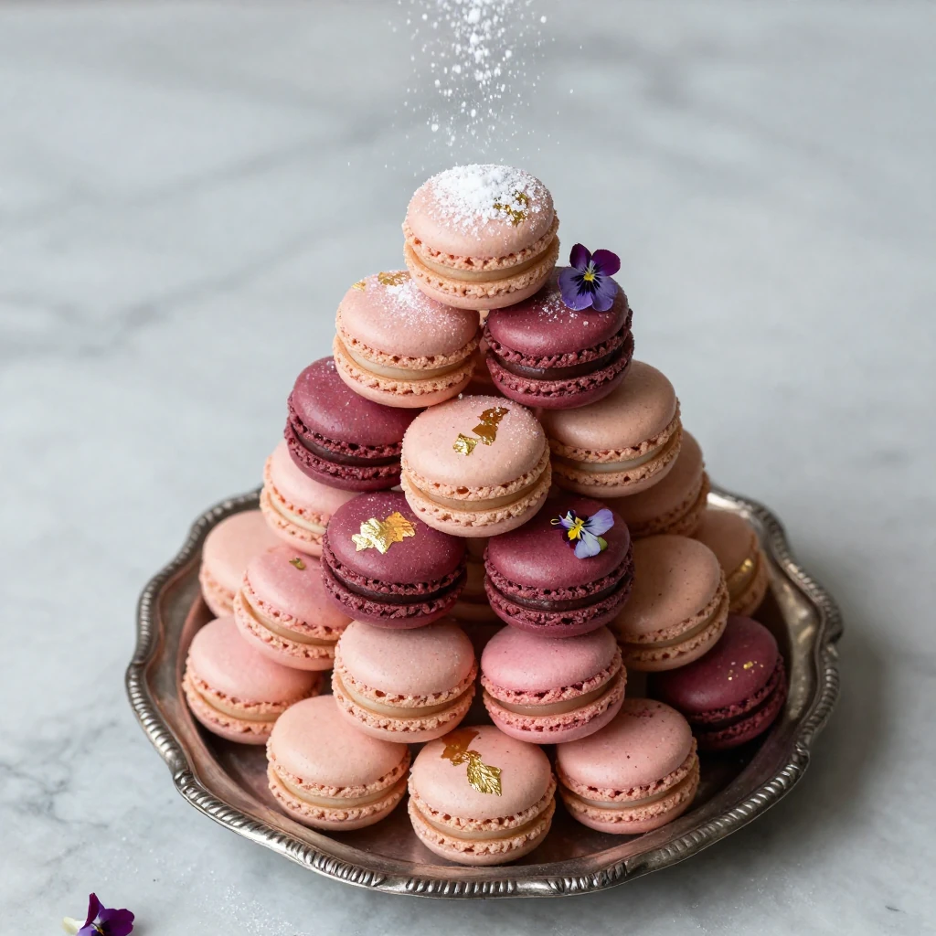 Overhead food photography of French macaron pyrami