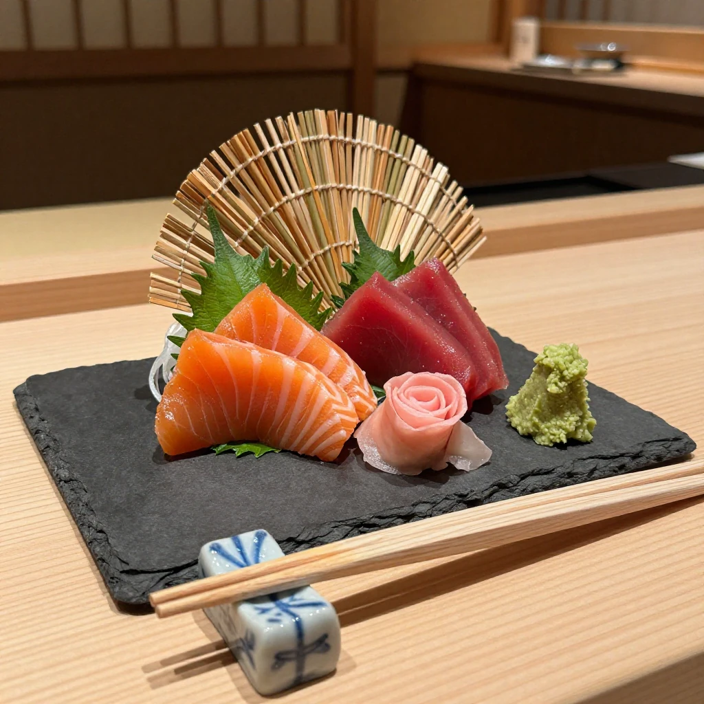 Premium sashimi platter on rectangular slate board