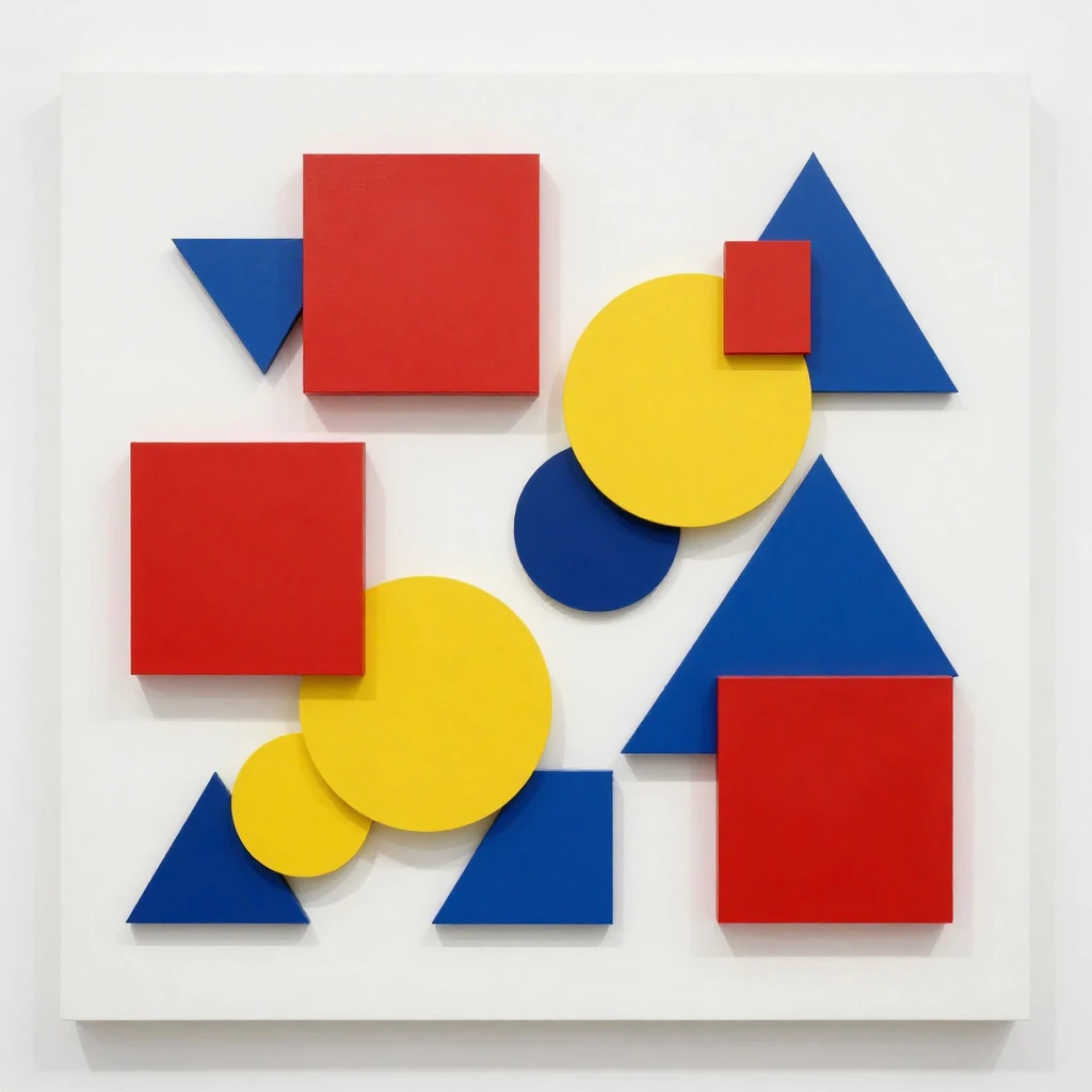 Geometric abstract artwork with 3D primary shapes.