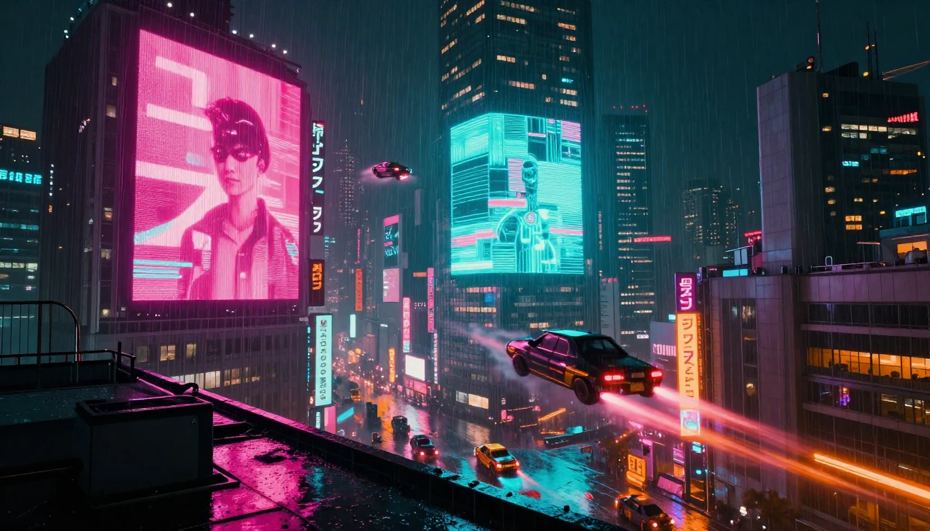Cyberpunk megacity at night from rooftop vantage p