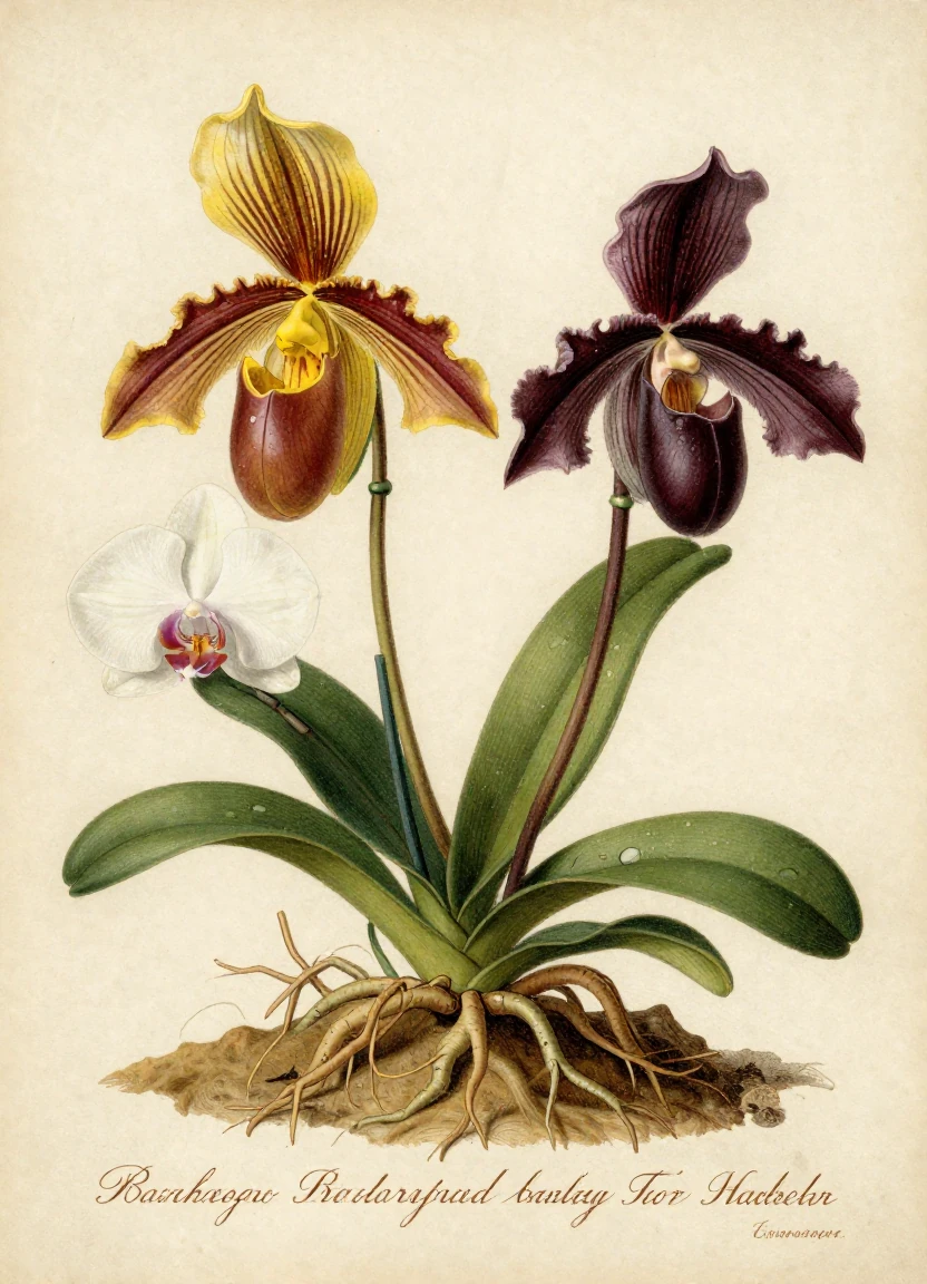 Botanical illustration of exotic orchids in 18th c