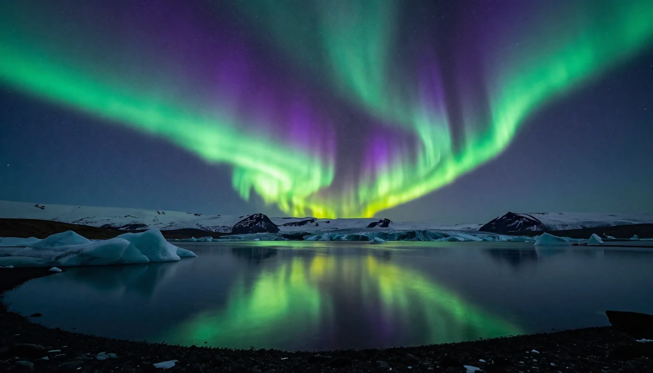 Aurora borealis over Icelandic glacial lake at nig