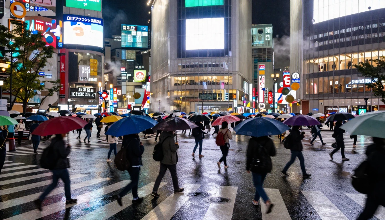 Shibuya scramble crossing on rainy Friday night. H