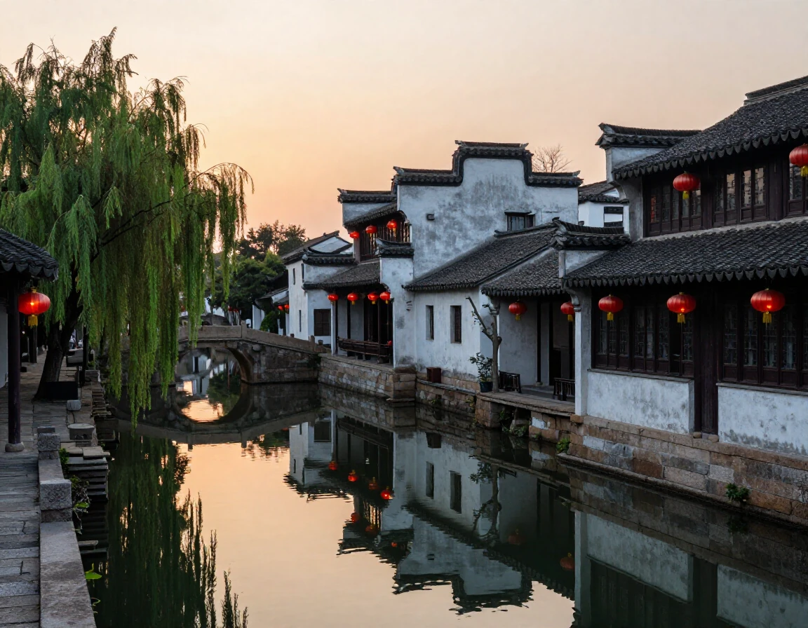 Traditional Chinese water town at golden hour. Vie