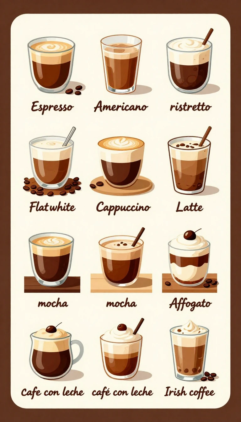 Illustrated coffee drink guide showing 12 espresso